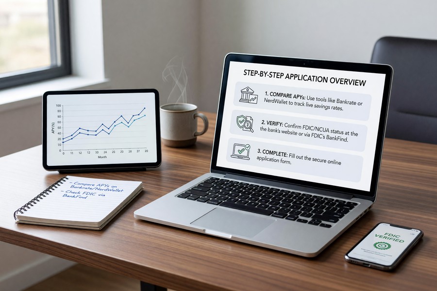 Step-by-step visual showing the online savings account application process