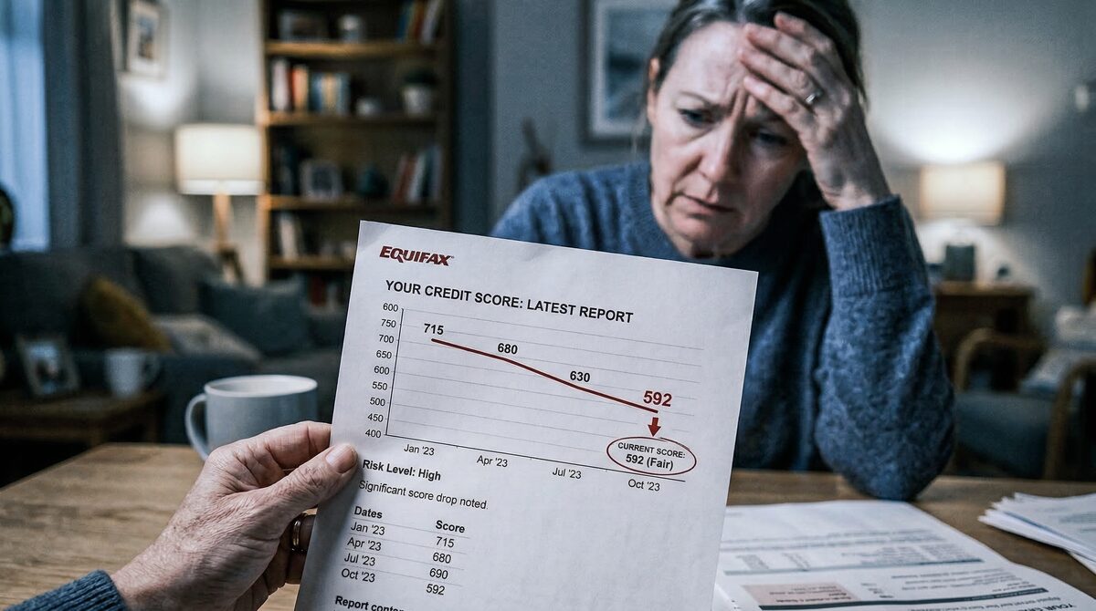 Person reviewing a credit report showing declining score after cosigning a loan