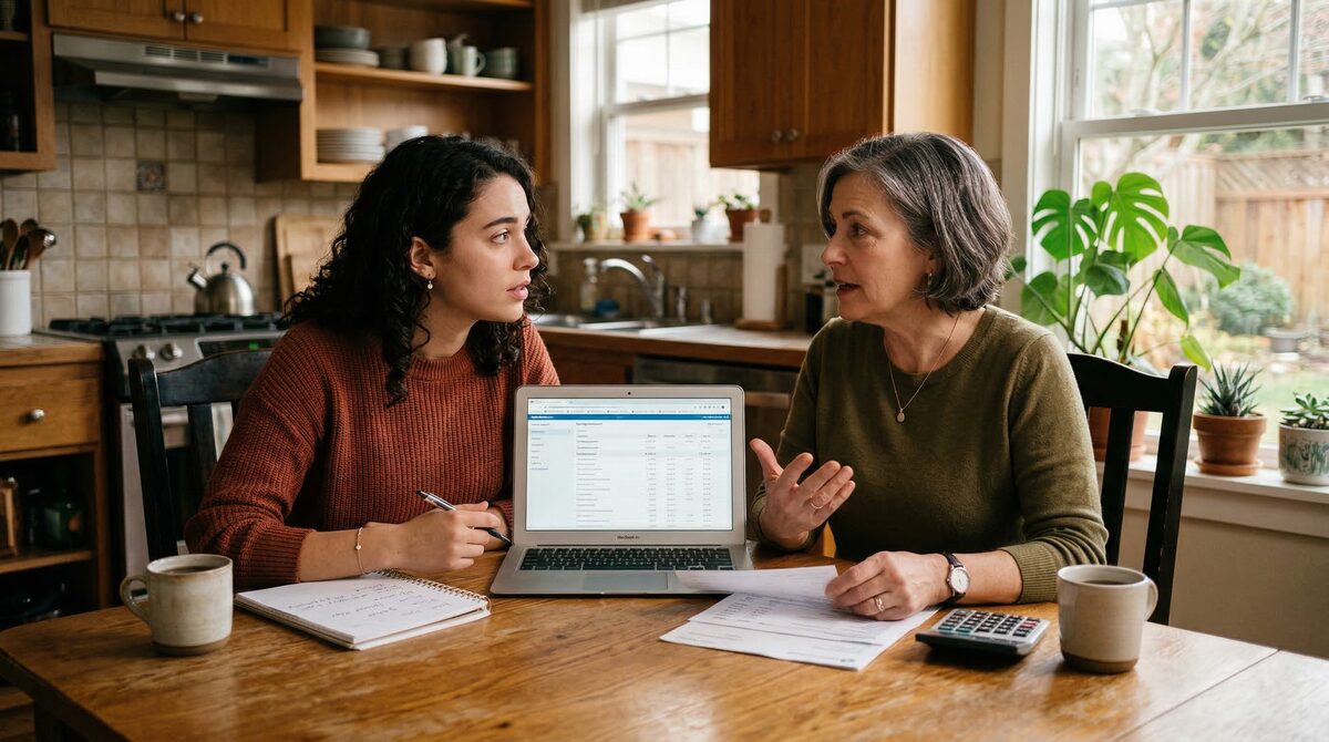 Parent and adult child having a serious financial conversation at the kitchen table