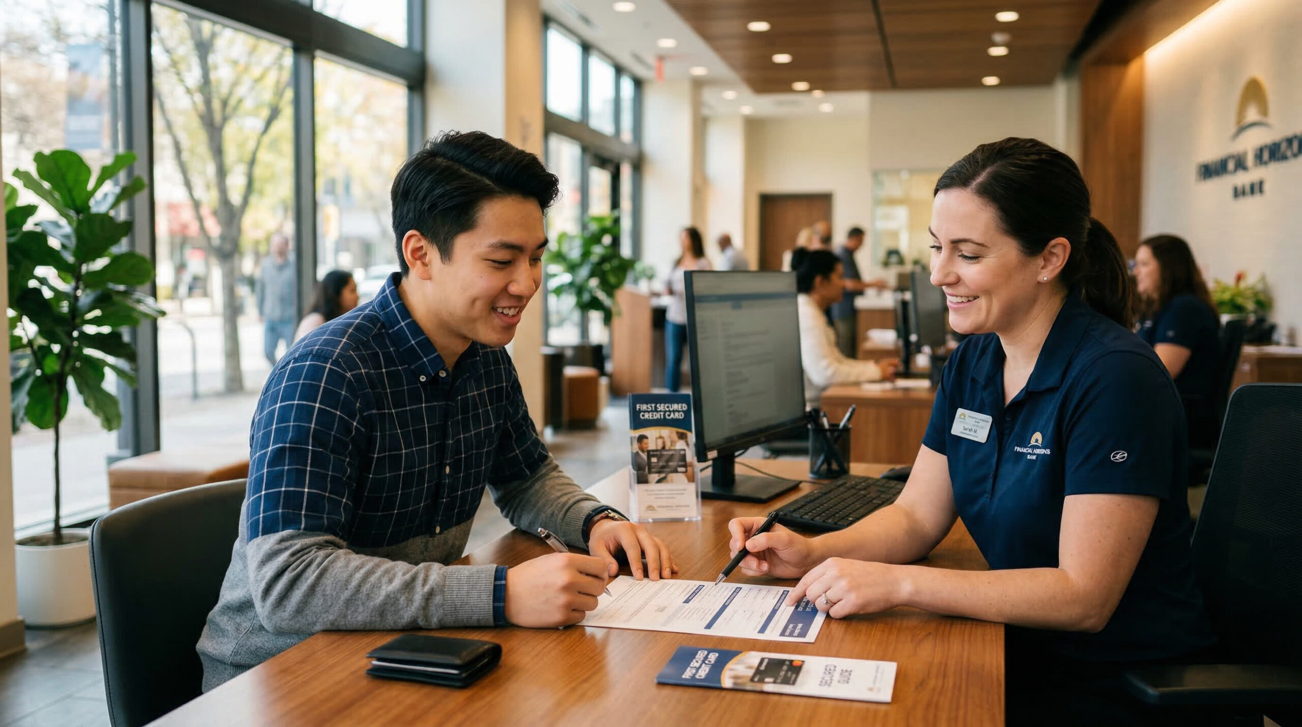 Young man at bank applying for his first secured credit card
