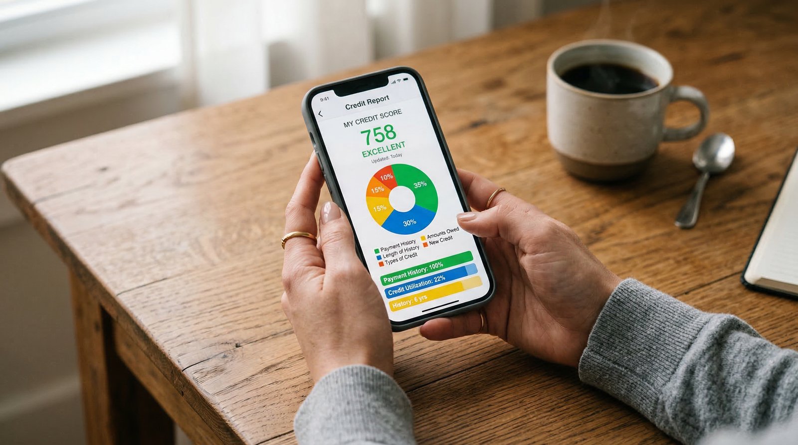Person holding smartphone showing credit report with pie chart breakdown of FICO score factors