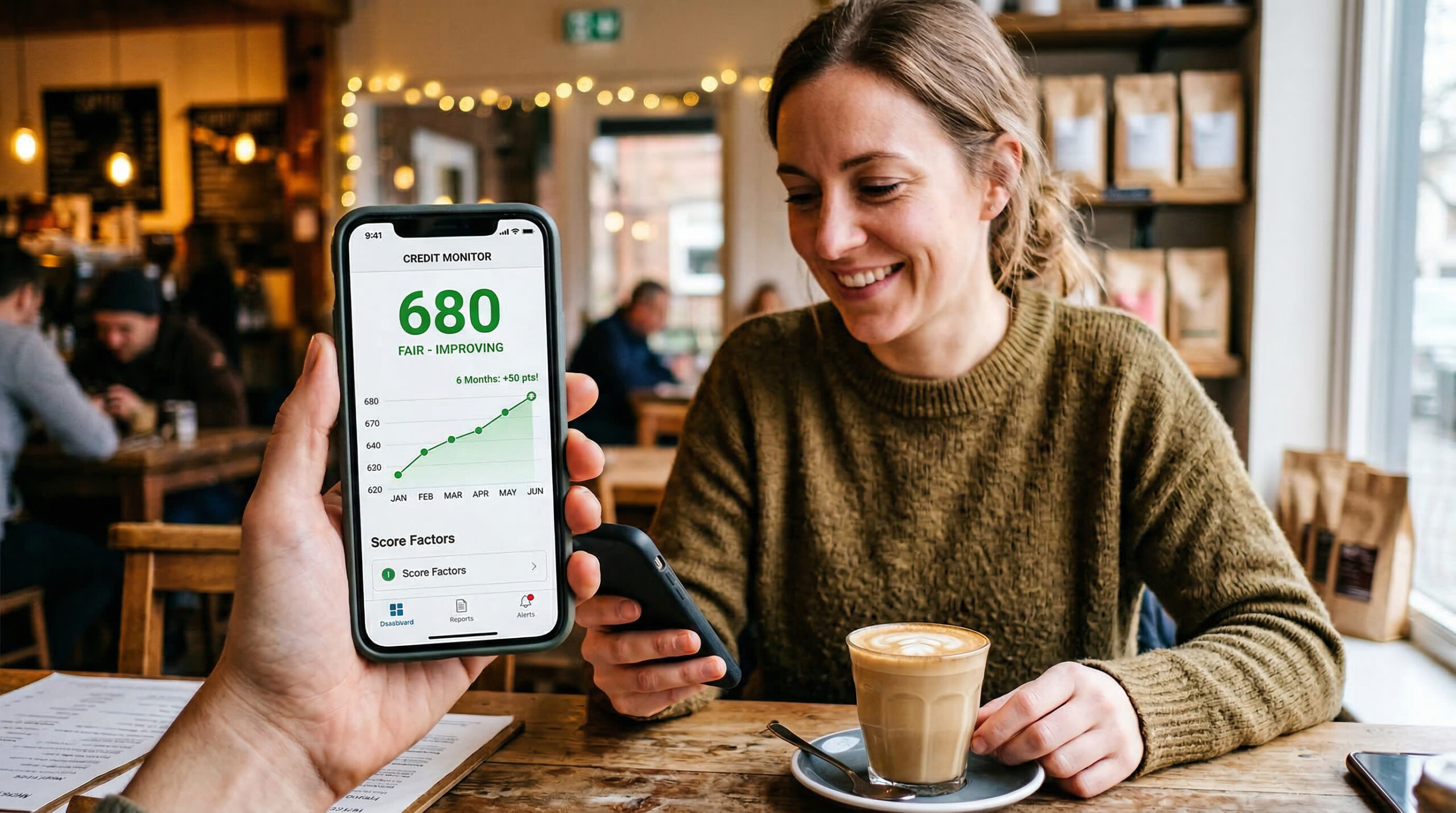 Smartphone showing credit score of 680 with upward trend over 6 months