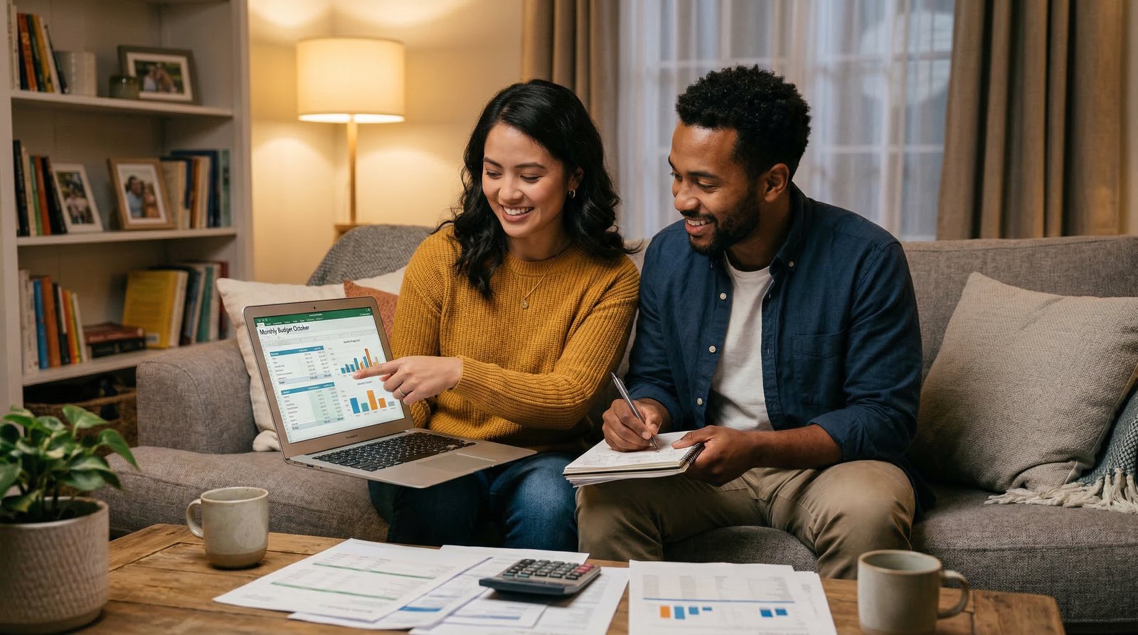 Couple reviewing their financial plan together on a couch with laptop and documents