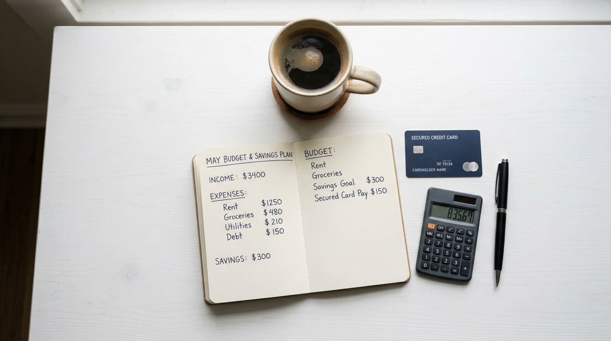 Flat-lay of desk with secured credit card, budget notebook, calculator, and coffee