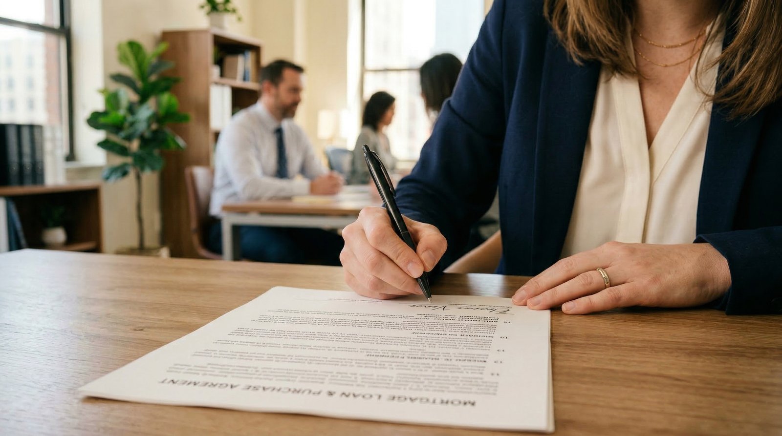 Person signing a mortgage loan agreement at a professional office desk