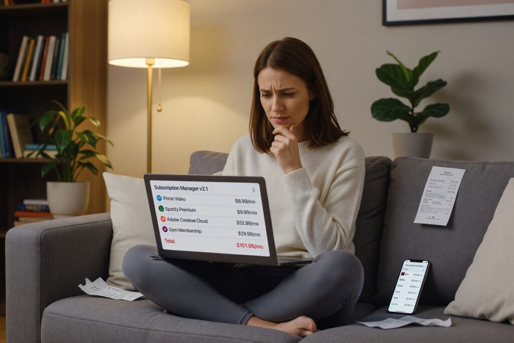 Person reviewing digital subscriptions on a laptop to audit monthly budget expenses