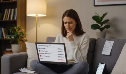 Person reviewing digital subscriptions on a laptop to audit monthly budget expenses