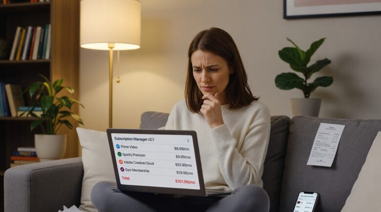 Person reviewing digital subscriptions on a laptop to audit monthly budget expenses