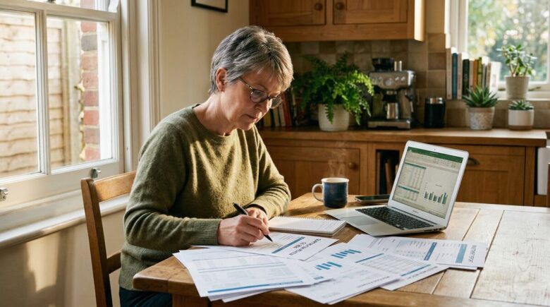 Person reviewing financial documents at kitchen table