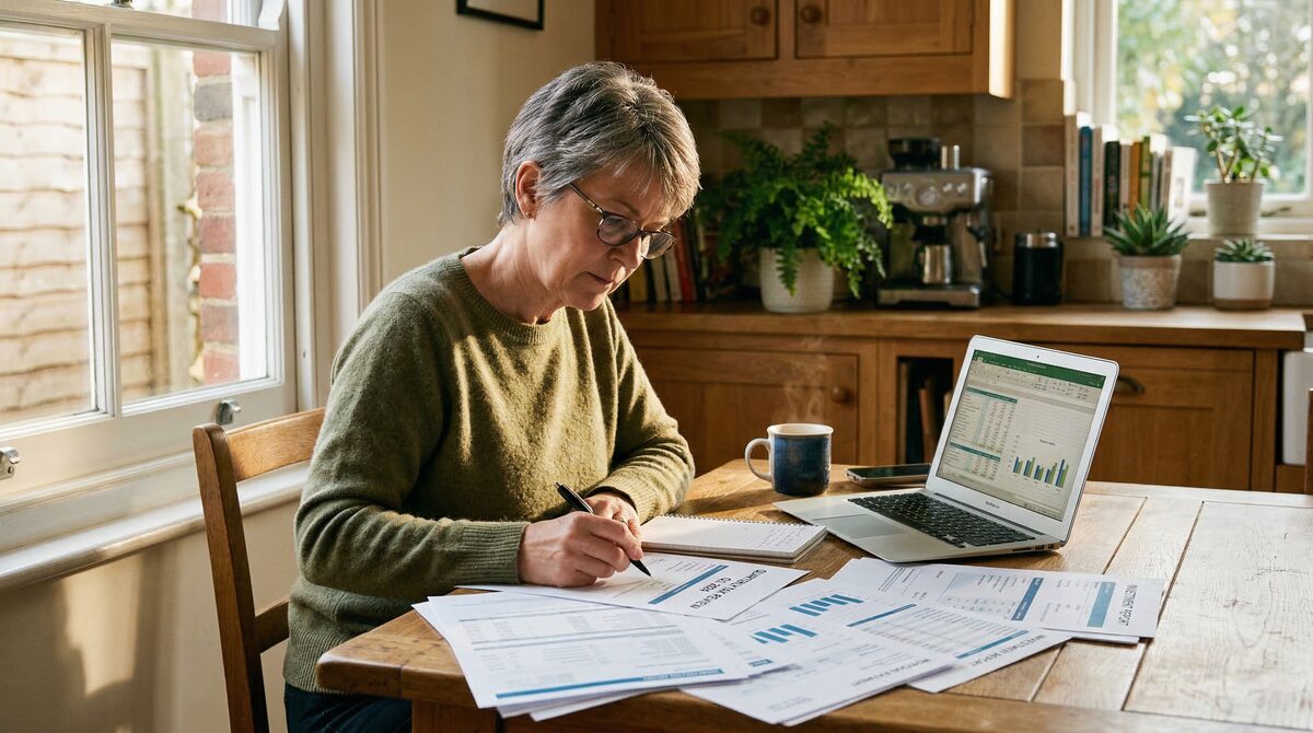 Person reviewing financial documents at kitchen table, building financial stability