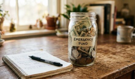 Glass jar labeled Emergency Fund filled with cash and coins