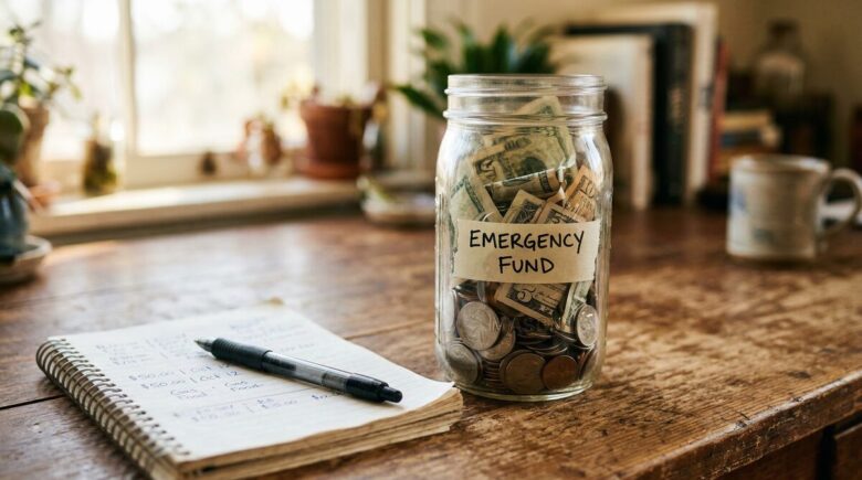 Glass jar labeled Emergency Fund filled with cash and coins