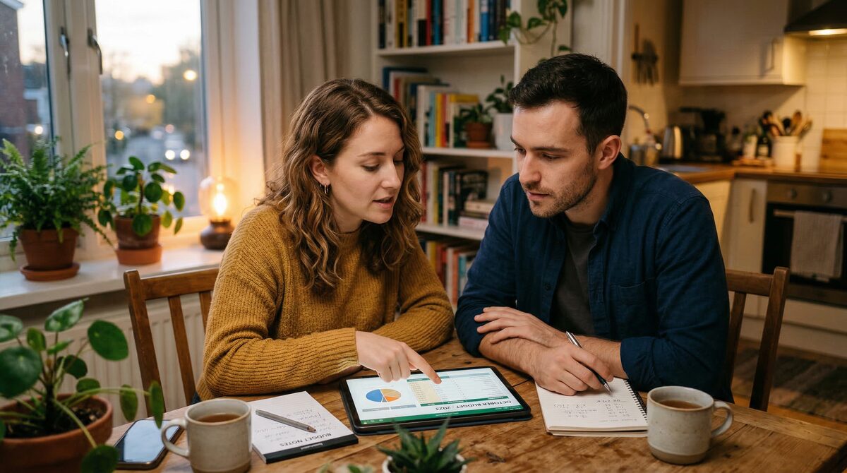 Couple reviewing monthly budget together on tablet at home