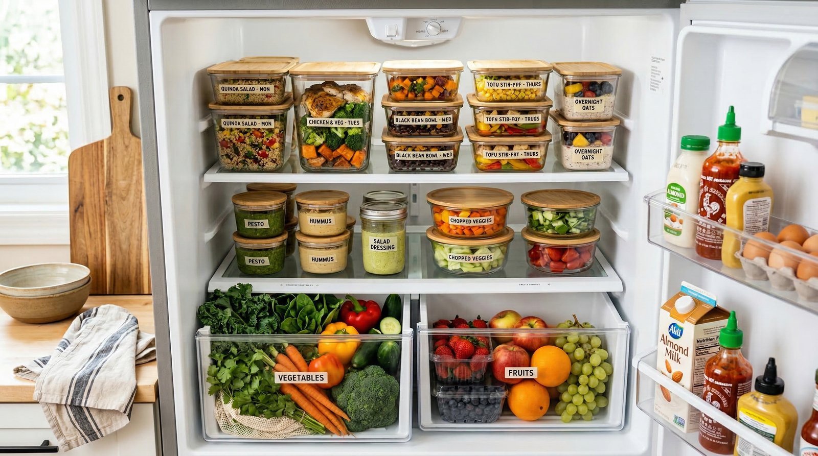 Organized refrigerator filled with labeled meal prep containers and fresh produce