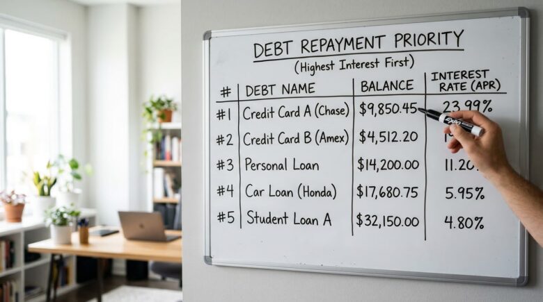 Whiteboard showing debt repayment priority list ranked by interest rate