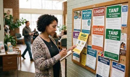Woman reading SNAP assistance program flyer at community center bulletin board