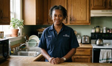 Dignified working woman in uniform standing in modest kitchen with quiet confidence