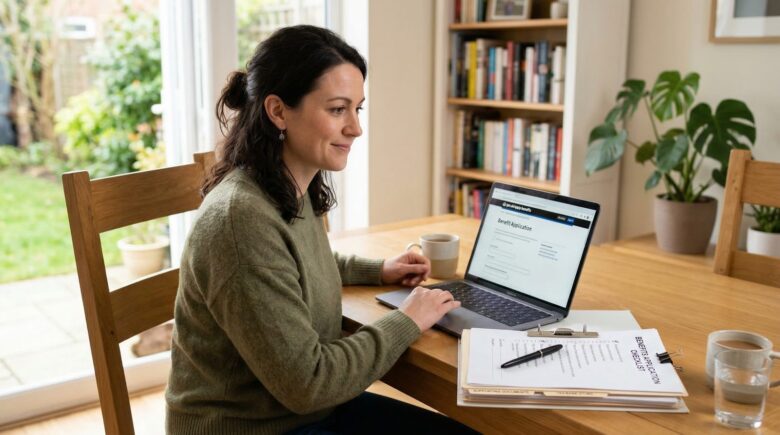 Person at dining table with organized documents and laptop open to benefits application
