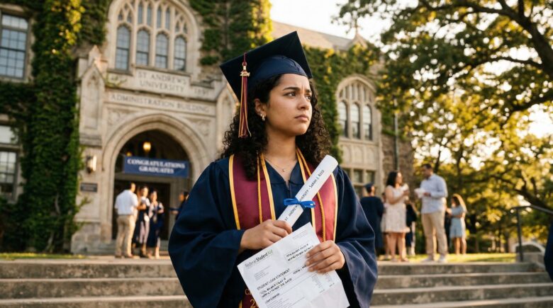 College graduate holding diploma and student loan statement looking pensive