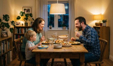 Family of three eating dinner together at simple dining table in warm modest home