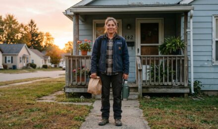 Working-class woman with lunch bag and thermos standing outside modest home at sunrise