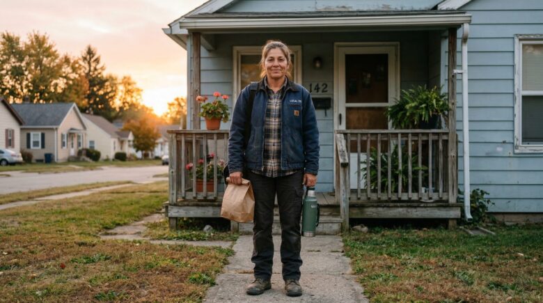 Working-class woman with lunch bag and thermos standing outside modest home at sunrise
