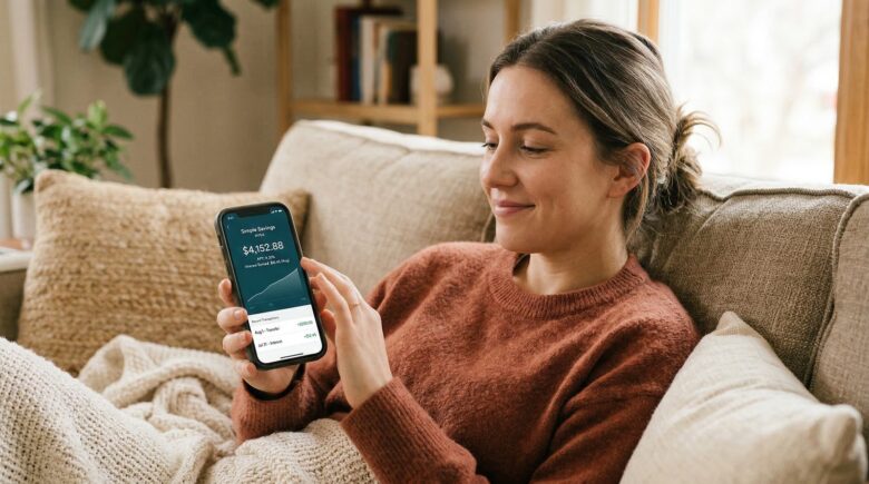 Woman on couch holding phone showing high-yield savings account with modest balance