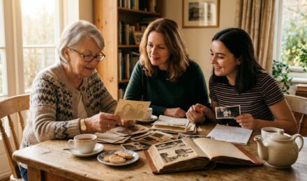 Three generations of women at dining table looking at family photos discussing money stories