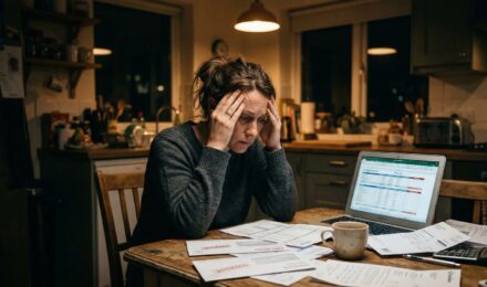 Woman overwhelmed by financial anxiety at kitchen table surrounded by bills at night