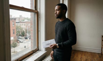 Young man standing by window holding unopened bill reflecting quiet shame about financial struggles