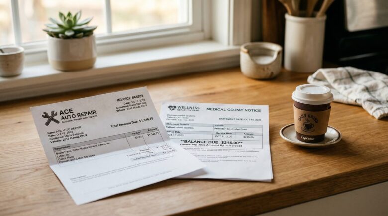 Car repair bill and medical co-pay notice next to small coffee cup on kitchen counter