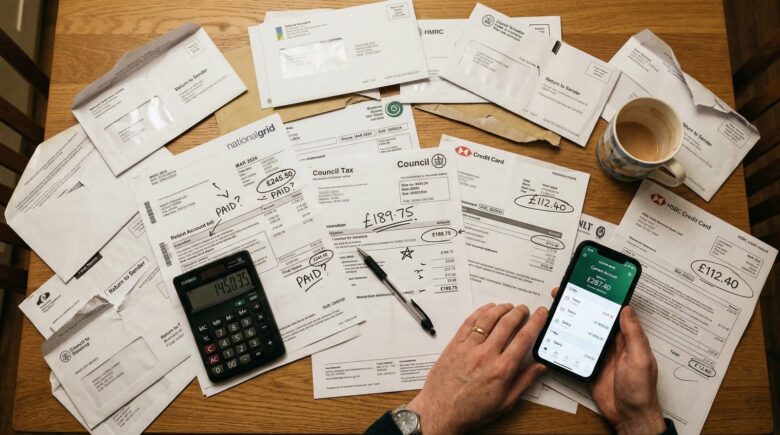 Kitchen table covered with open envelopes bills and calculator showing monthly bill payment crisis
