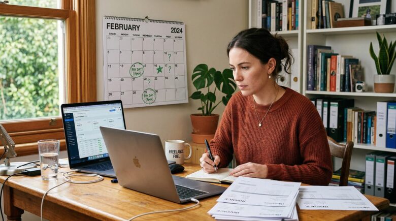 Freelancer at home desk with invoices and calendar showing irregular pay dates