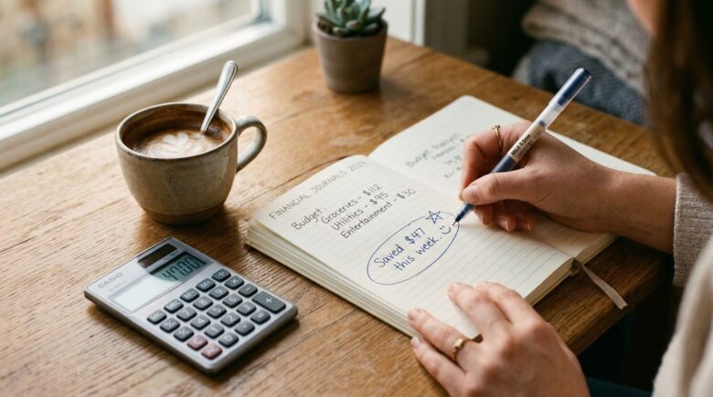 Hands writing saved 47 dollars this week in personal finance journal with calculator and coffee