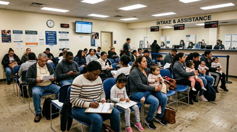 Government assistance office waiting room with diverse people filling out forms