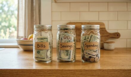 Three labeled mason jars for Bills Savings and Spending on clean kitchen counter