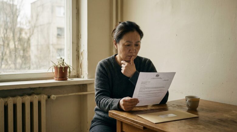 Person reading official government letter about benefits ending in sparse apartment