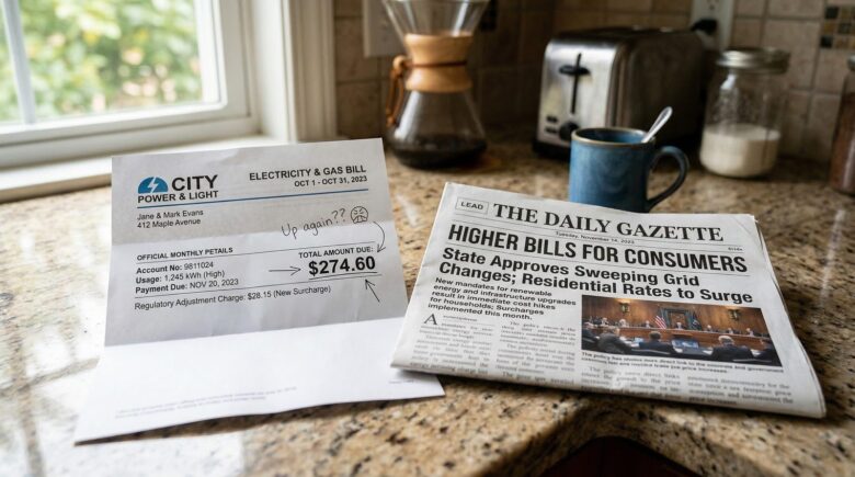 Utility bill and newspaper article about energy policy side by side on kitchen counter