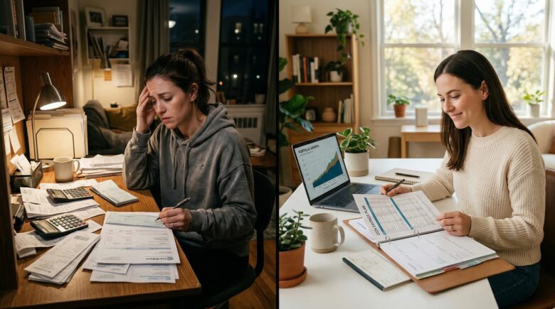 Split image showing stressed bill paying vs calm financial planning getting by vs getting ahead
