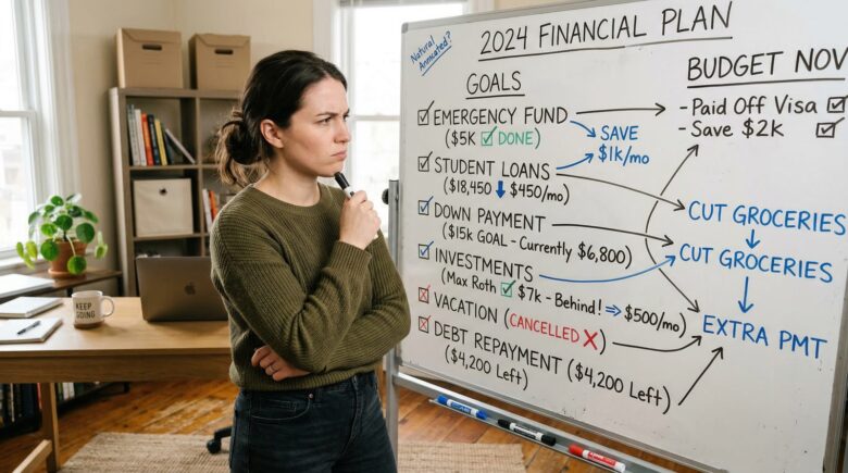 Person standing at whiteboard covered in financial goals looking frustrated but determined
