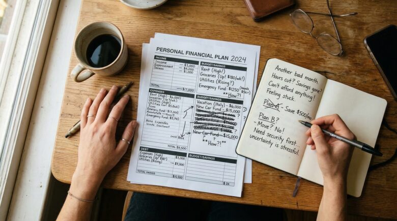 Overhead view of hands working on financial plan with crossed out goals and notes