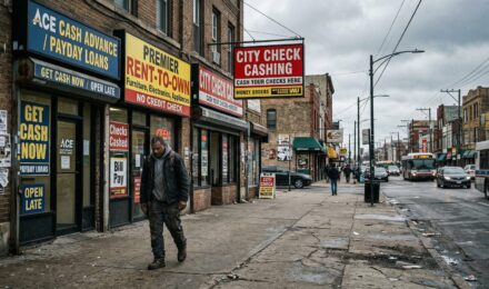 City street with payday loan and check cashing stores showing systemic financial traps