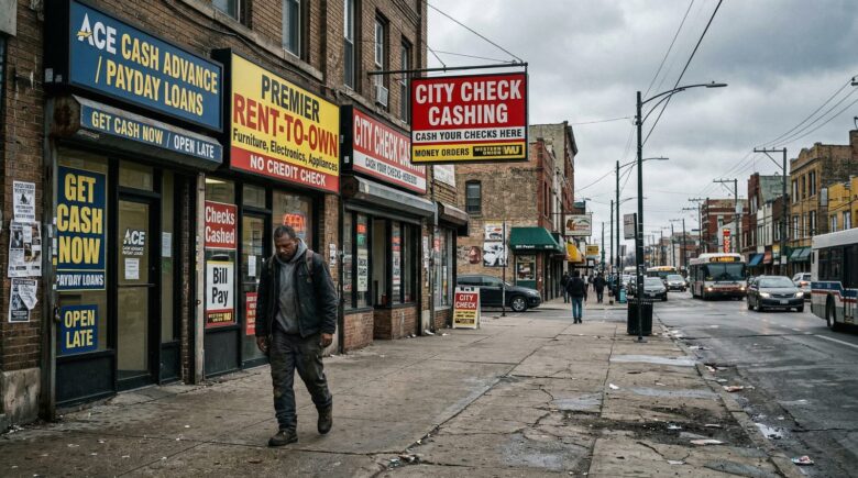 City street with payday loan and check cashing stores showing systemic financial traps
