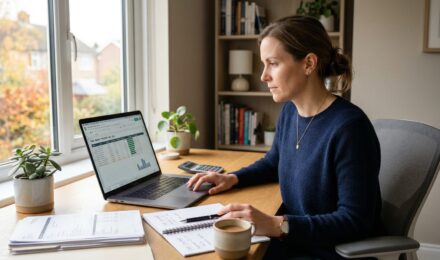 Calm professional person reviewing debt payoff spreadsheet on laptop at home office desk
