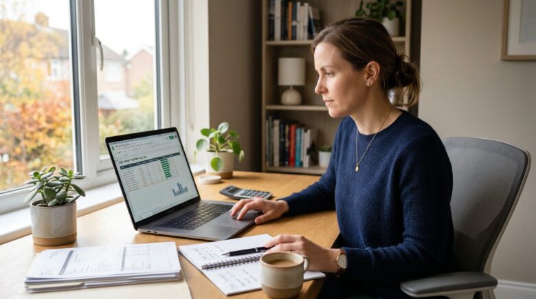 Calm professional person reviewing debt payoff spreadsheet on laptop at home office desk