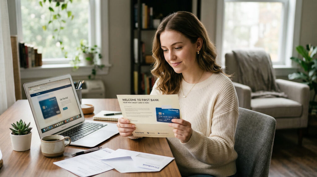 Person looking at their first credit card welcome letter at home desk