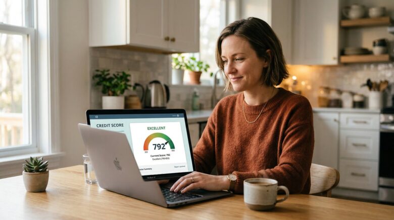 Person checking credit score on laptop at kitchen table