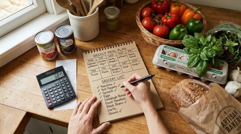 Overhead view of weekly meal plan notepad with groceries and calculator