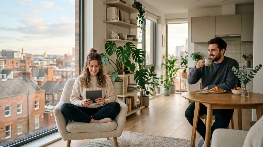 Content couple enjoying morning in their stylish rented apartment