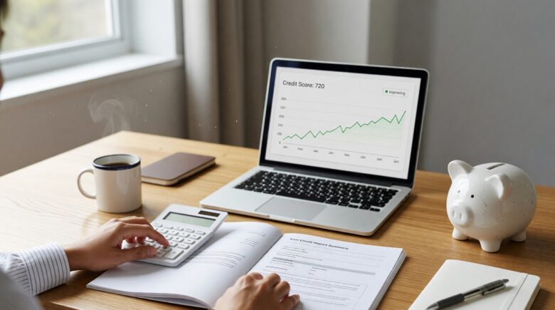 Person checking their credit score on a smartphone with credit report details